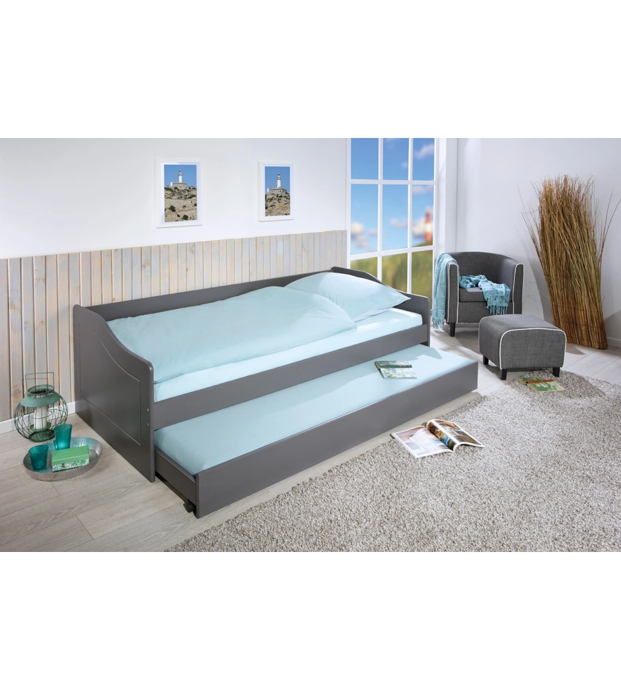 Letto singolo grigio e letto estraibile con funzione divano, 97x208x62 cm